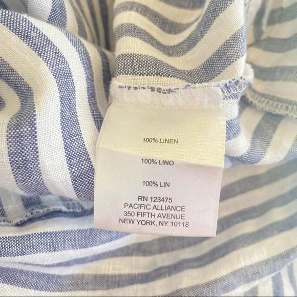 ELLEN TRACY Striped Linen Relaxed Blouse White Blue with Gold Shoulder Detail L - Picture 10 of 13